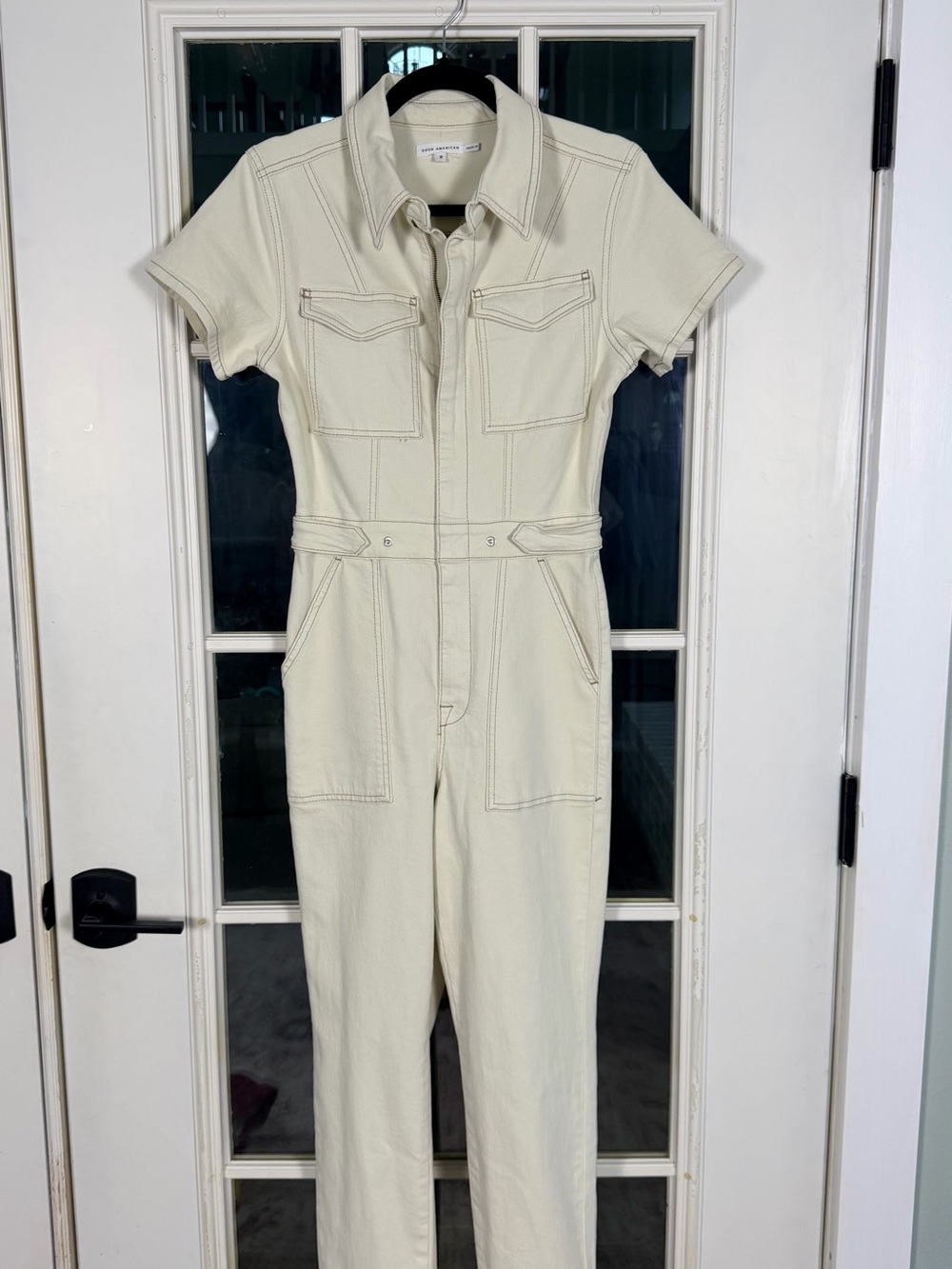 Good American Cream Short-Sleeve Utility Jumpsuit